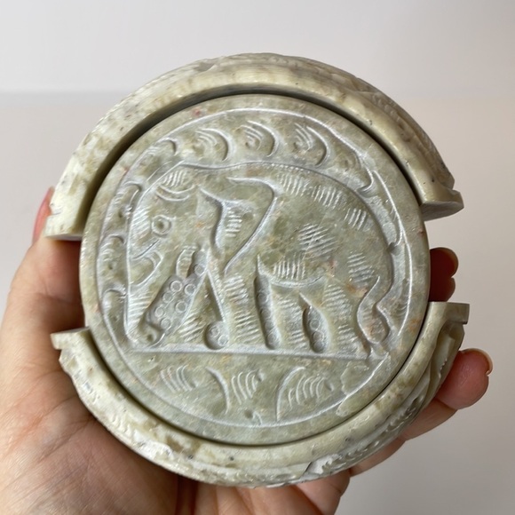 Carved Stone Elephants Coasters Set of 6 With Storage Holder READ - Picture 16 of 16